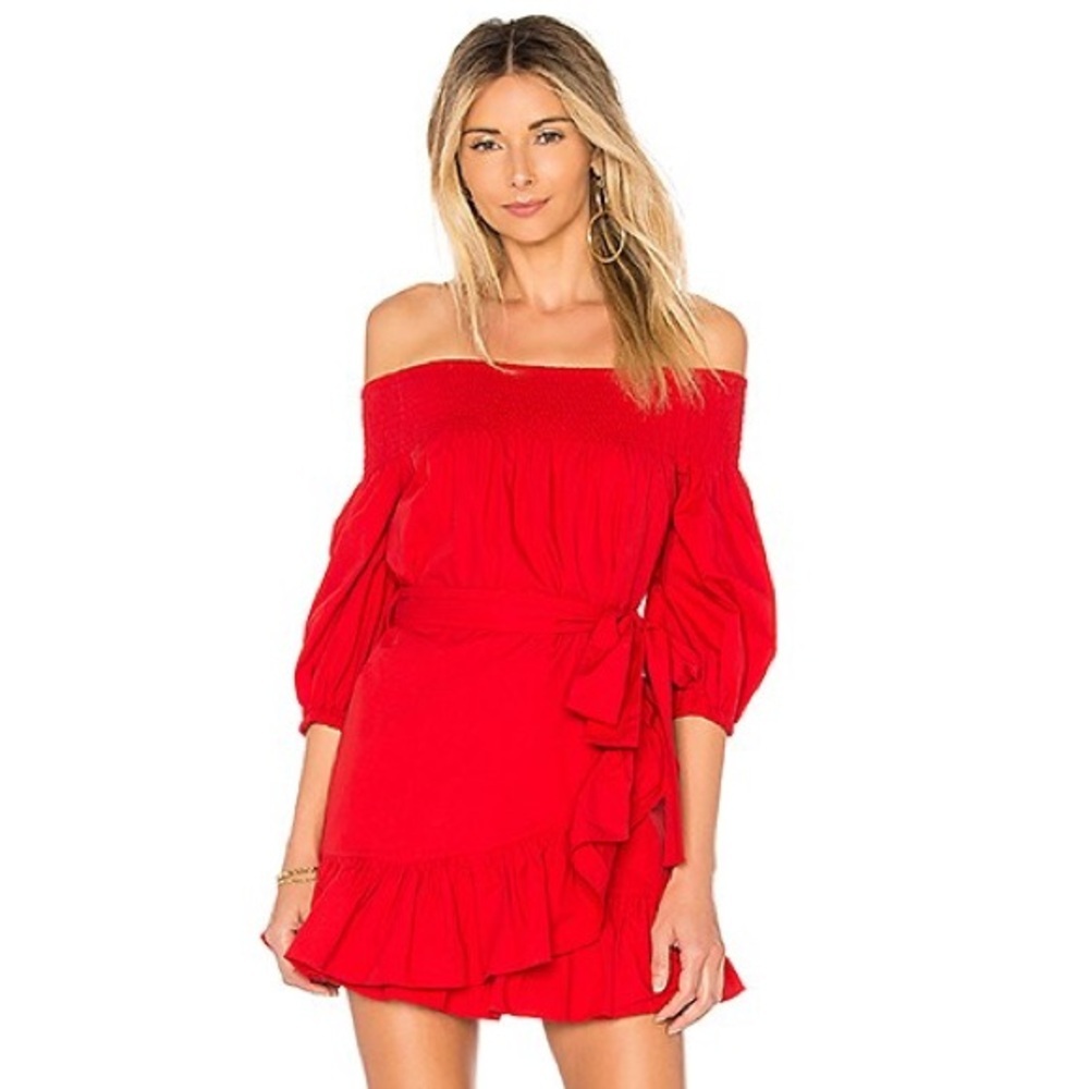 Tularosa Maida Ruffle Poppy Red Cotton Smocked Off the Shoulder Dress Size XXS